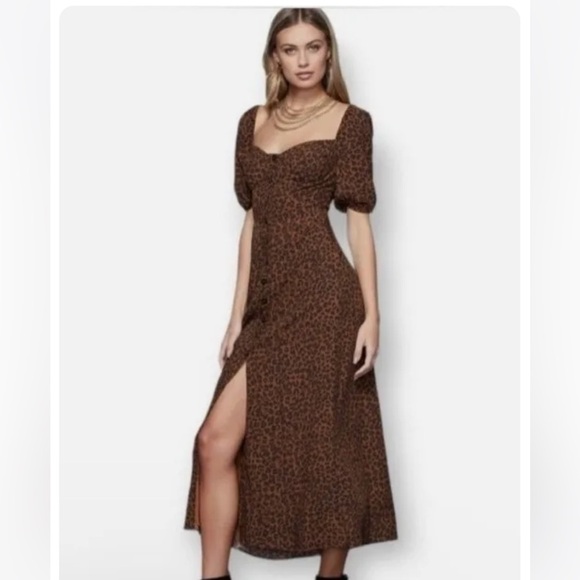 Good American Corset Puff Sleeve Midi Dress in Chai Leopard Print - Size 0/XS - Picture 2 of 10